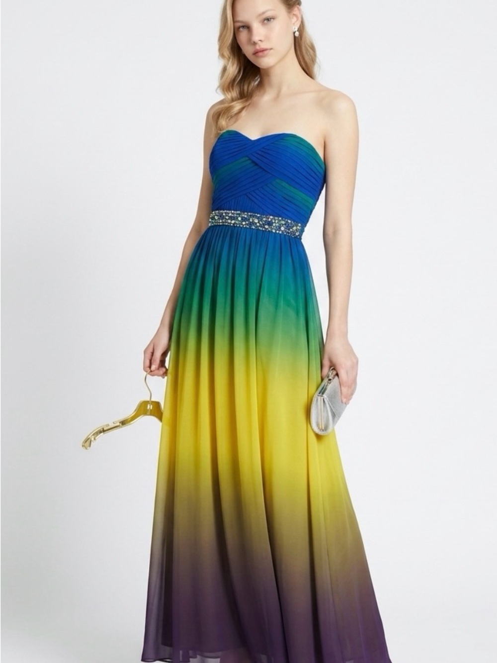 Strapless Ombre Evening Gown in Blue, Green & Yellow. Ptp 15 inches